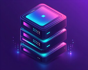 Modern Neon Server Unit for High-Tech Cloud Storage and AI Network Illustration, Futuristic Data Center Stack with LED Glow for Artificial Intelligence Infrastructure, Neon-Lit Server Architecture
