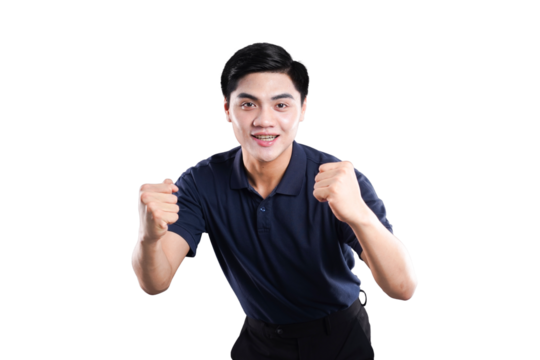 Man Expressing Triumph: A captivating image captures a man's victorious moment as he celebrates, his elated expression radiating success and pure joy