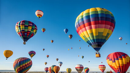 Colorful hot air balloons ascend into a clear blue sky during a festival