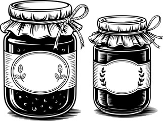 Black and white vector illustration of a lidded glass jar of homemade jam with rustic ribbon and leaf label in outline style on a white background