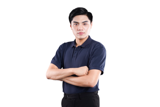 Confident Pose: A focused individual stands, arms crossed, radiating confidence and authority. With a direct gaze, his posture reflects self-assurance and readiness. - Powered by Adobe