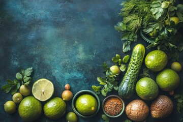Green Vegetables and Fruits Arranged on Dark Background