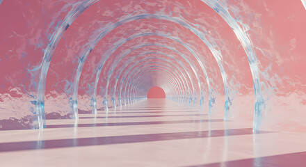 Obraz premium Surreal pink and blue archway tunnel with repeating geometric patterns and soft light
