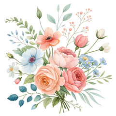 Watercolor illustration featuring a bouquet of flowers against a light, solid background. The bouquet is composed of various blooms, predominantly in shades of peach, pink, and white