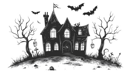 Eerie Haunted House Illustration in Simple Line Art Style