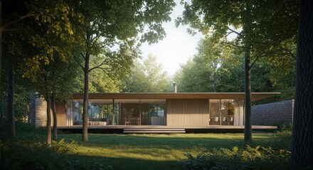 Obraz premium Modern Glass House in Forest Clearing with Sunlit Lawn and Stone Wall