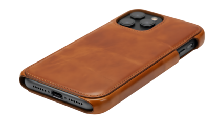 Brown leather phone case with camera lens protection isolated on transparent background