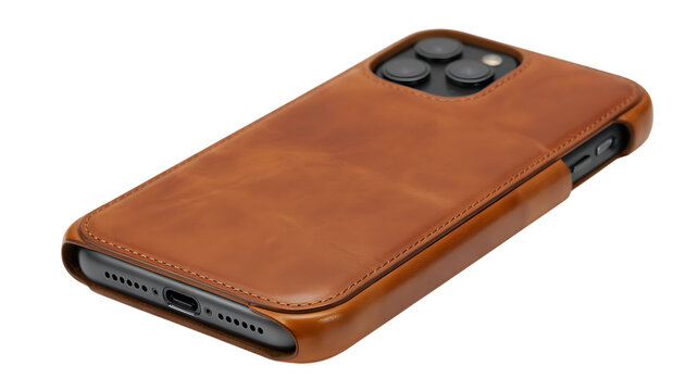Brown leather phone case with camera lens protection isolated on transparent background