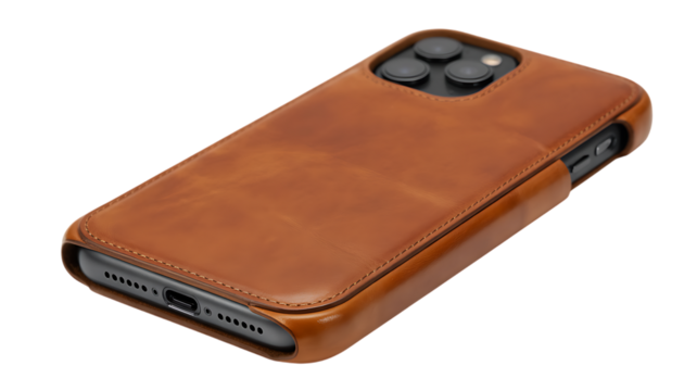 Brown leather phone case with camera lens protection isolated on transparent background