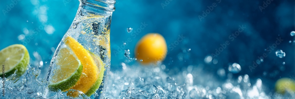 Aufkleber refreshing citrus water splash with lemon and lime slices in a glass bottle, creating a cool and vib