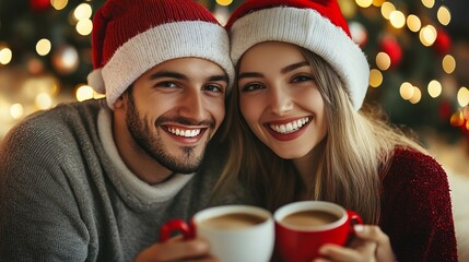 Festive holiday moment with two smiling individuals in Santa hats enjoying warm drinks against a twinkling Christmas tree background, radiating joy and togetherness