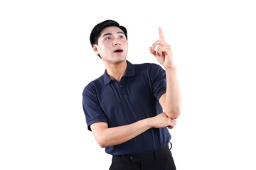 Eureka Moment: A young man, struck by an idea, points his finger upwards in a moment of inspiration...
