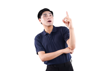 Eureka Moment: A young man, struck by an idea, points his finger upwards in a moment of inspiration and epiphany, embodying the spirit of innovation.