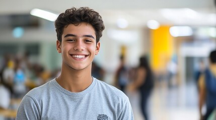Fototapeta premium Cheerful young student with curly hair smiling confidently in a bright, modern educational environment with blurred background of people and spaces