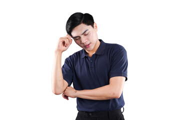 Pensive Reflection: An Asian man in casual wear, lost in thought. The image captures moment of deep...