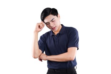 Pensive Reflection: An Asian man in casual wear, lost in thought. The image captures moment of deep introspection and a hint of worry.
