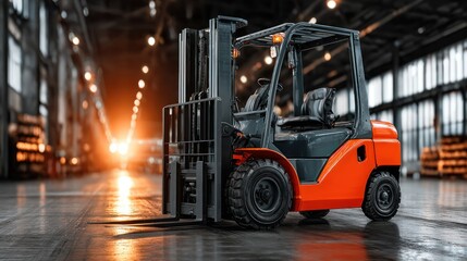 Industrial forklift in a large warehouse