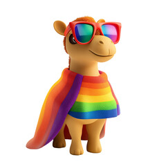 Naklejka premium A colorful cartoon llama proudly wears sunglasses and a rainbow cape, celebrating LGBTQIA+ pride. Isolated on transparent white background, png 