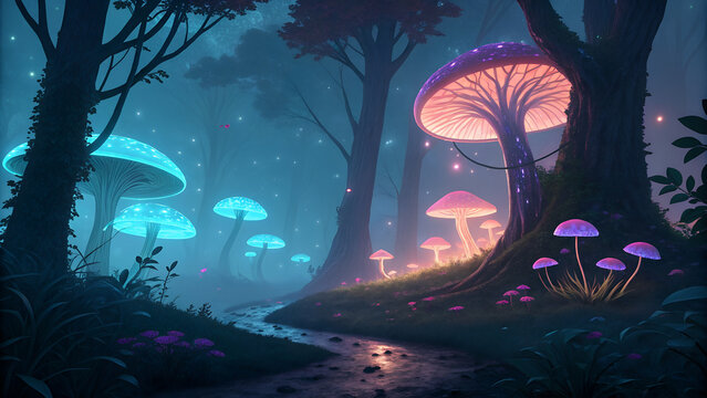 Enchanted forest with glowing mushrooms and a winding stream at night