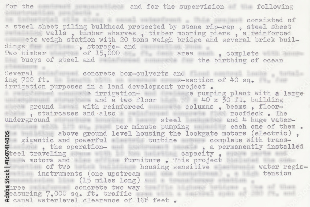 Poster half blurred typewritten page. the text is typed with an old typewriter from the sixties. it's part 