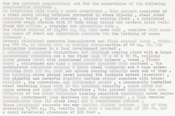 Half blurred typewritten page. The text is typed with an old typewriter from the sixties. It's part of resume of a civil engineer