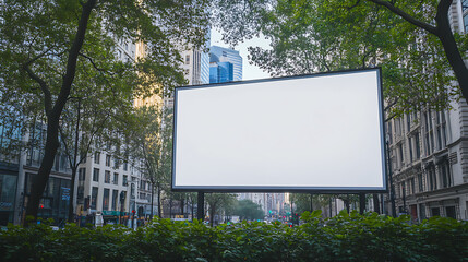 A blank billboard stands in a park surrounded by trees and city buildings