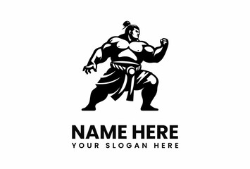 Muscular Sumo Wrestler in Stance Powerful Silhouette Logo Design.