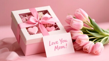 A beautiful pink themed mothers day gift with tulips, a present box, and a love you mom card