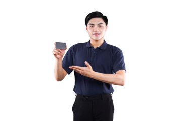Man presenting credit card: A man holds up and presents a credit card in a business setting, conveying ideas of financial transaction.