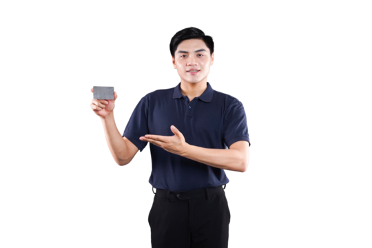 Smiling Man with Card: A friendly individual holds up a card, extending his hand to emphasize the point, perfect for concepts like advertising, customer service, and promotions. 