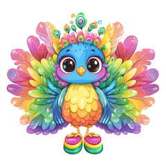Fototapeta premium A colorful cartoon bird with vibrant feathers and a playful expression, symbolizing pride and joy. Isolated on transparent white background, png