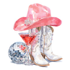 watercolor style illustration of an arrangement of a pink cowgirl hat, red martini glass, and white cowgirl boots with rhinestones, and silver disco ball