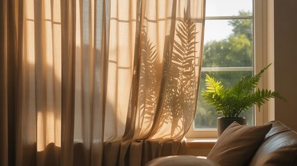 Warm sunlight streams through sheer curtains onto a lush green fern.