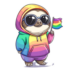 Fototapeta premium A cheerful cartoon sloth wearing a rainbow hoodie and sunglasses, proudly holding a pride flag. Isolated on transparent white background, png