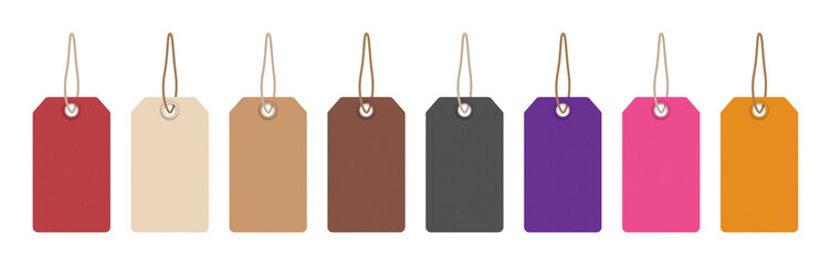 Collection of colorful tags hanging with cord isolated on transparent background