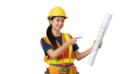 Confident Asian Female Architect Holding Blueprints and Pointing, Isolated on White