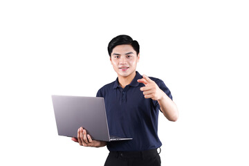 Confident Tech Professional: A young professional, holding a laptop in one hand and pointing with...