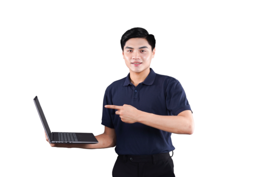 Tech-Savvy Gentleman: A tech-savvy gentleman, showcasing a laptop, points with pride and expertise, embodying the modern professional navigating digital landscapes. 