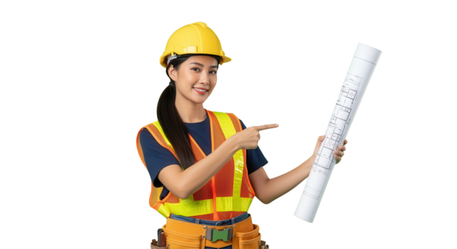 Confident Asian Female Architect Holding Blueprints and Pointing, Isolated on White