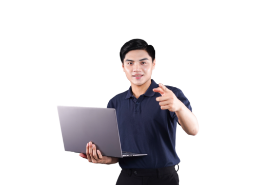 Confident Tech Professional: A young professional, holding a laptop in one hand and pointing with the other, ready to guide and lead in a tech-driven world. 