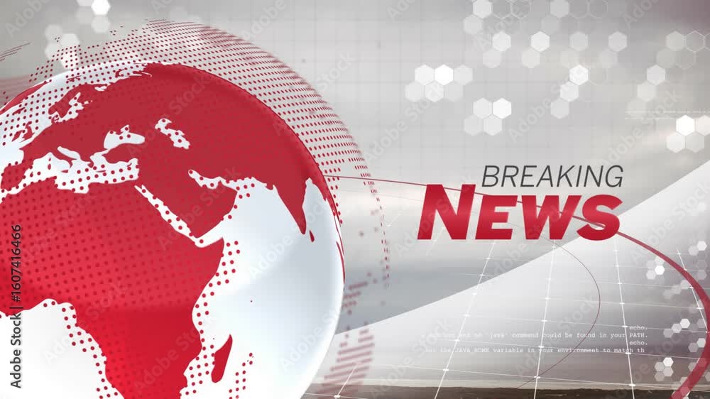 Poster on rotation red globe spinning curved line sweeping breaking news text highlighting live update