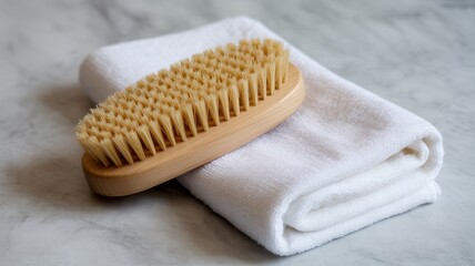 Natural spa brush and soft towel ready for your self-care routine