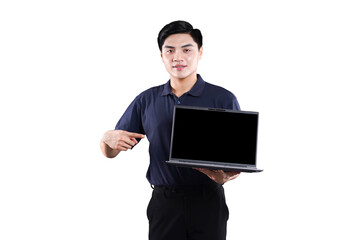 Online Presenter with Laptop: A confident individual stands, showcasing a sleek laptop with an...