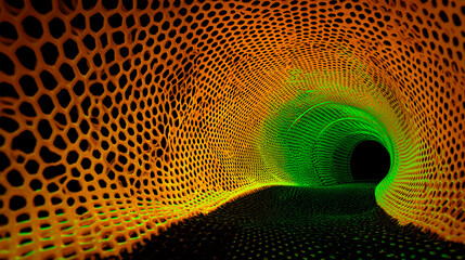 Futuristic tunnel with glowing red and green lights reflecting on water.