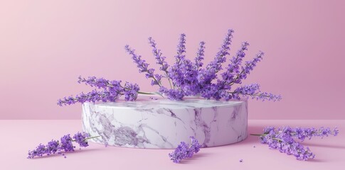 Lavender podium flower background purple product nature platform stand summer 3d table. Cosmetic podium lilac abstract field studio beauty flower spring lavender floral display plant backdrop crystal