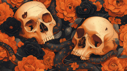Skulls, Snake and Orange-Black Flowers – Gothic Halloween Illustration