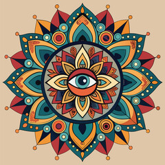 Colorful Mandala with Eye Motif Spiritual Symbolism and Artistic Design