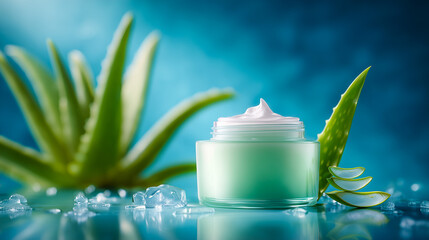 Moisturizing cream jar with fresh aloe vera leaves on a blue background.