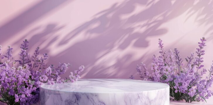 Lavender podium flower background purple product nature platform stand summer 3d table. Cosmetic podium lilac abstract field studio beauty flower spring lavender floral display plant backdrop crystal