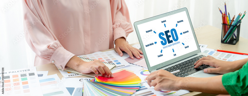 Poster seo search engine optimization for brisk e-commerce and online retail business showing on computer s